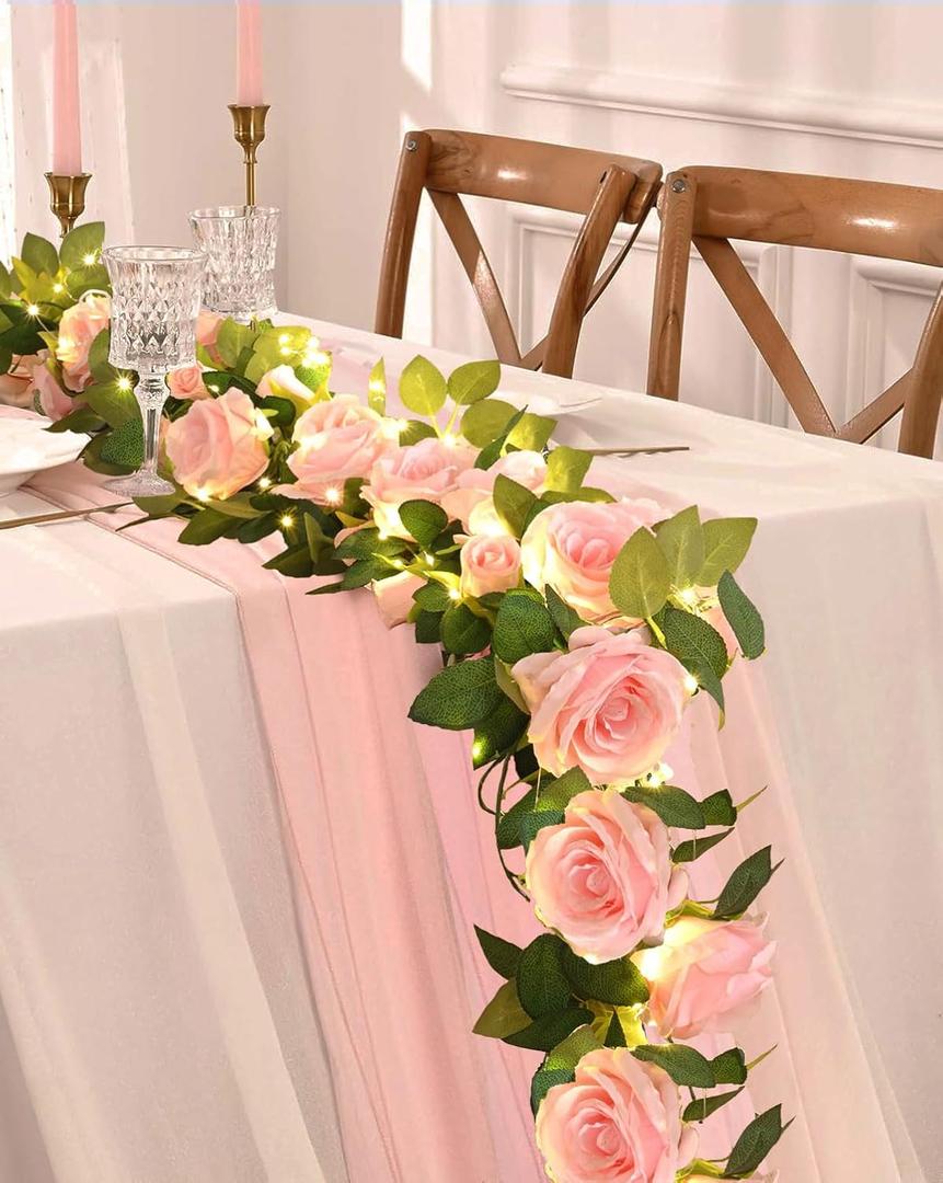 2 Pcs Flower Garland with 19.6 Ft Lights, 13.2 Ft Pink Floral Garland Fake Flowers for Wedding Arch Party Wall Garden Room Decor (2 Pack, Pink With Lights)