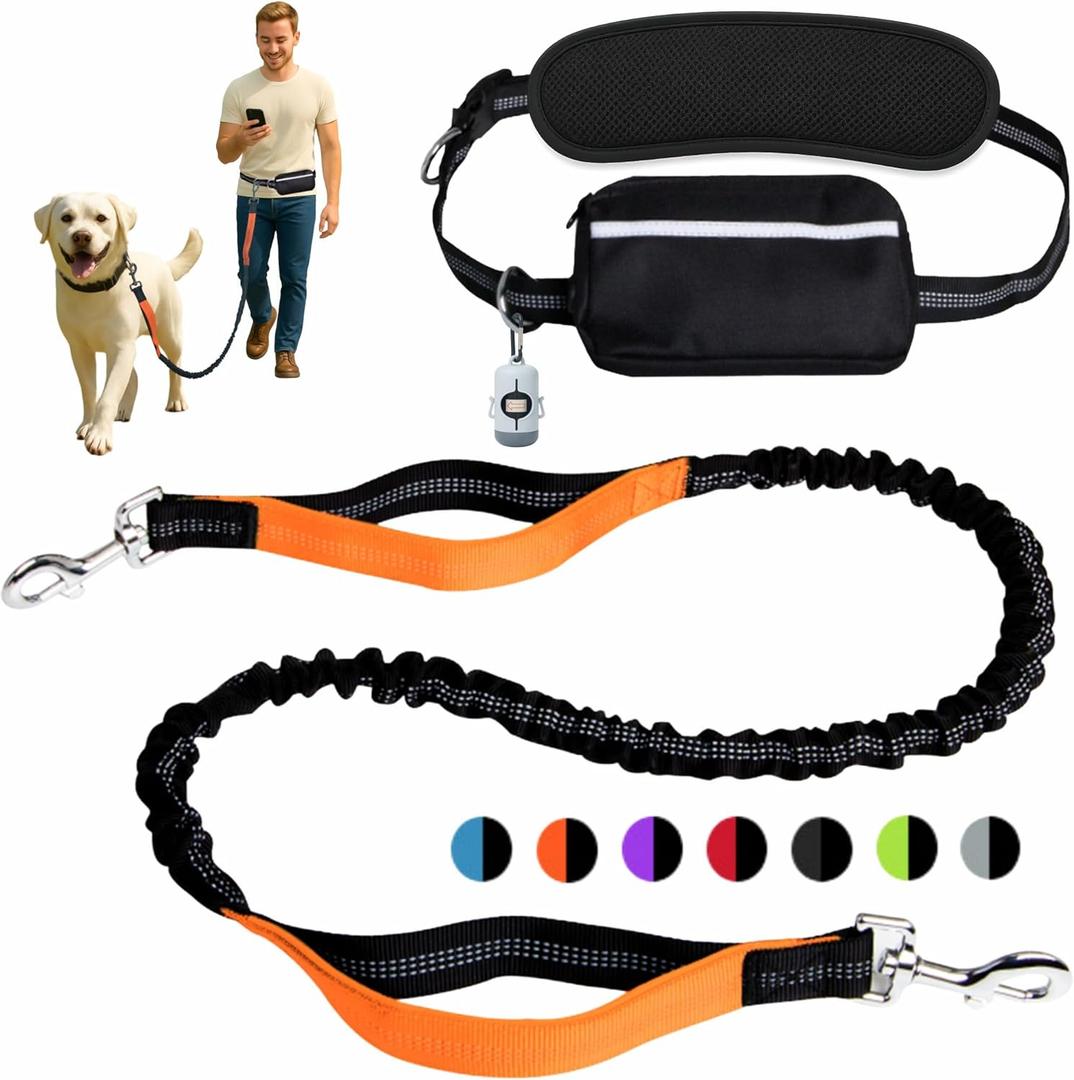 Hands-Free Dog Leash for Dogs up to 130 lbs  Heavy-Duty, Shock-Absorbing Bungee Leash with Zipper Pouch, Dual Padded Handles & Adjustable Waist Belt for Running & Walking  Bright Orange
