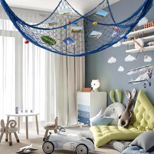 Large Fish Net Decorations for Party, Natural Cotton Hawaiian Party Fishing Net Wall Clip Photo Holders, Fishnet Under Sea Pirate Ocean Nautical Themed Beach Decor DIY, 79"x158" inch, Blue