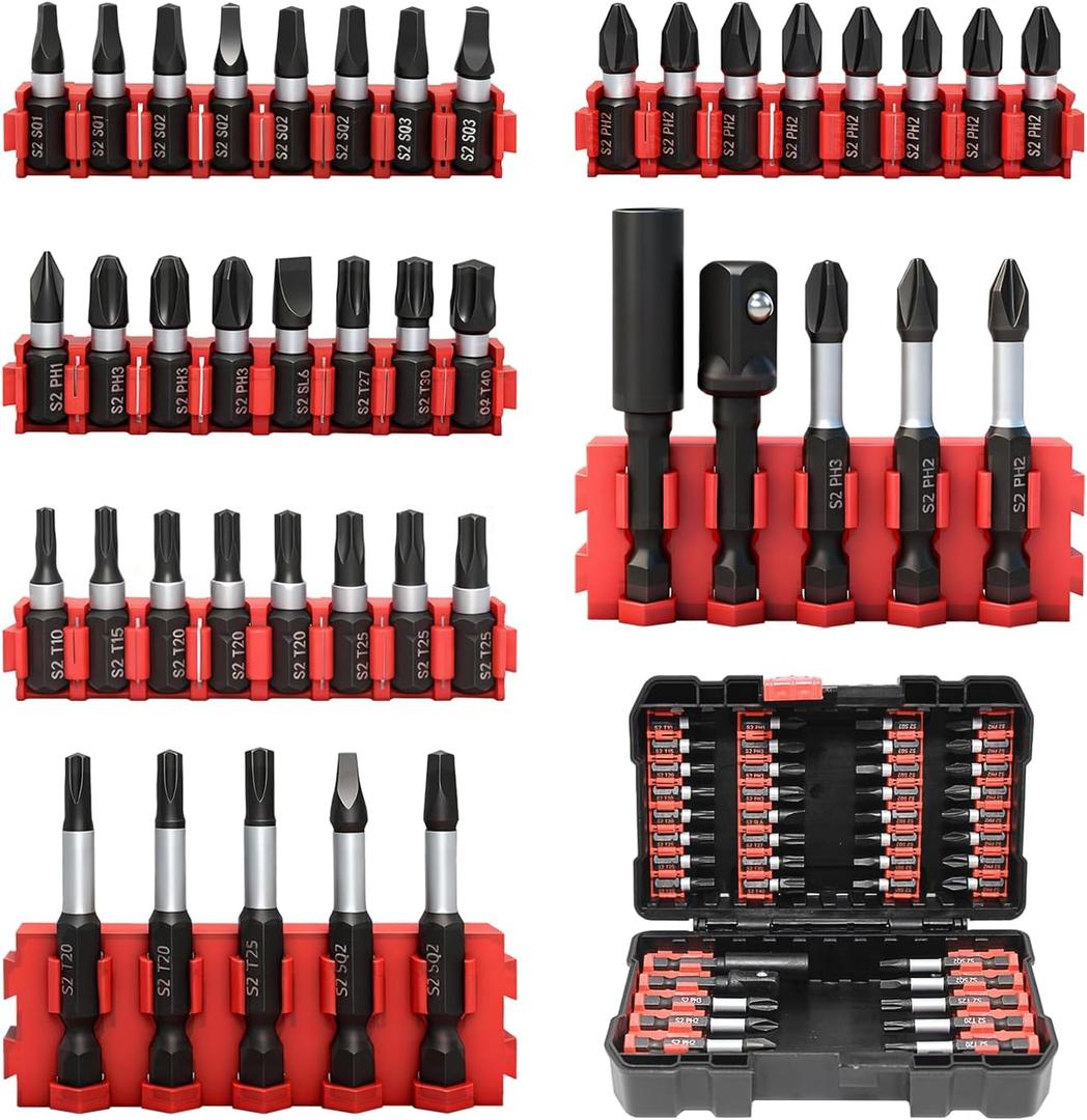 42-Piece Impact Screwdriver Bits Set with Phillips, Magnetic S2 Steel Phillips/Slotted/Square/Torx Insert Power Bits Tips, Impact Bit Holder with Black Storage Box Case