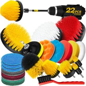 Holikme 22Pack Drill Brush Attachments Set,Scrub Pads & Sponge, Buffing Pads,Power Scrubber Brush,Car Polishing Pad Kit,Wax Applicator Pad,Car Cleaning Kit,Masonry Brushes,Cleaning Supplies (Yellow)
