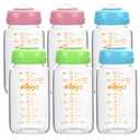 Matyz Glass Breastmilk Storage Bottles, 6 Pack, 8 oz, Compatible With Spectra Medela Breast Pump - Freezer Safe Storage Bottles Set - Wide Mouth Breastmilk Storage Containers - BPA Free (3 Color Lids)