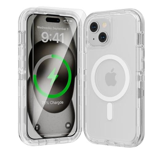 Luckwhale for iPhone 15 Plus Case, Fits Magsafe,Heavy Duty Shockproof Protection Phone Cases with Screen Protector*1, Magnetic Transparent Protective Cover for iPhone 15 Plus 6.7 '', Clear