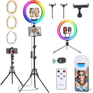 13" Selfie Ring Light with 63" Stand and 3 Phone Holder, 53 Lighting Modes, iPad Holder, Remote, Desk Tripod, RGB Ringlight for iPhone. Vlogging Circle Led Halo Light Photo Video Kit