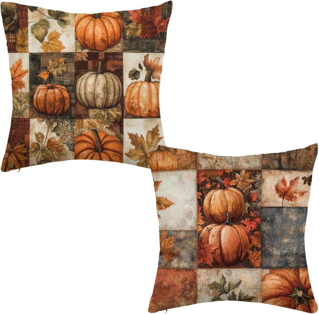Fall Pillow Covers 18x18 Inch Set of 2 Autumn Pumpkins Maple Leaf Cushion Cases for Porch Sofa Couch Home Decoration