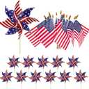 HOOSUN American Flags Patriotic Pinwheels,24 Pack Classroom American Flags Decorations Small USA Flags On Stick With Yard USA Pinwheels,Red White And Blue Decorations For Patriotic Party Supplies