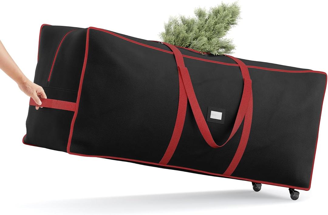 SONGMICS Christmas Tree Storage Bag with 1.6-Inch Wheels, Rolling Storage Bag, up to 7.5 ft, For Disassembled Holiday Tree, Length-Adjustable Handles, 600D Oxford Fabric, Ink Black URXS004B02