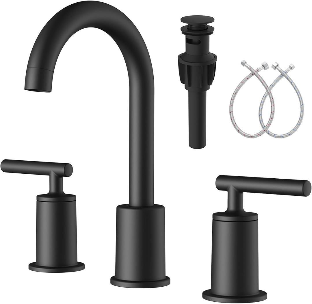 VXV 3 Hole Bathroom Faucet Matte Black, Widespread 8 inch Bath Sink Faucets with 360 Swivel Spout, 2 Handle Vanity Faucets with Pop Up Drain & Water Supply Lines, Easy Installation (MB)