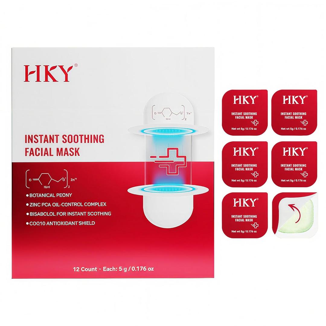 HKY Cooling Instant Soothing Facial Mask - Skin care Redness Relieving Deep Hydrating Pore Tightening with Zinc PCA, Botanical Peony, CoQ10, For Repair Skin Barrier(1 Box 12 Count)