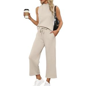 Sampeel Two Piece Summer Sets for Women Casual Travel Vacation Outfits Wide Leg Crop Pants Lounge Sets size L