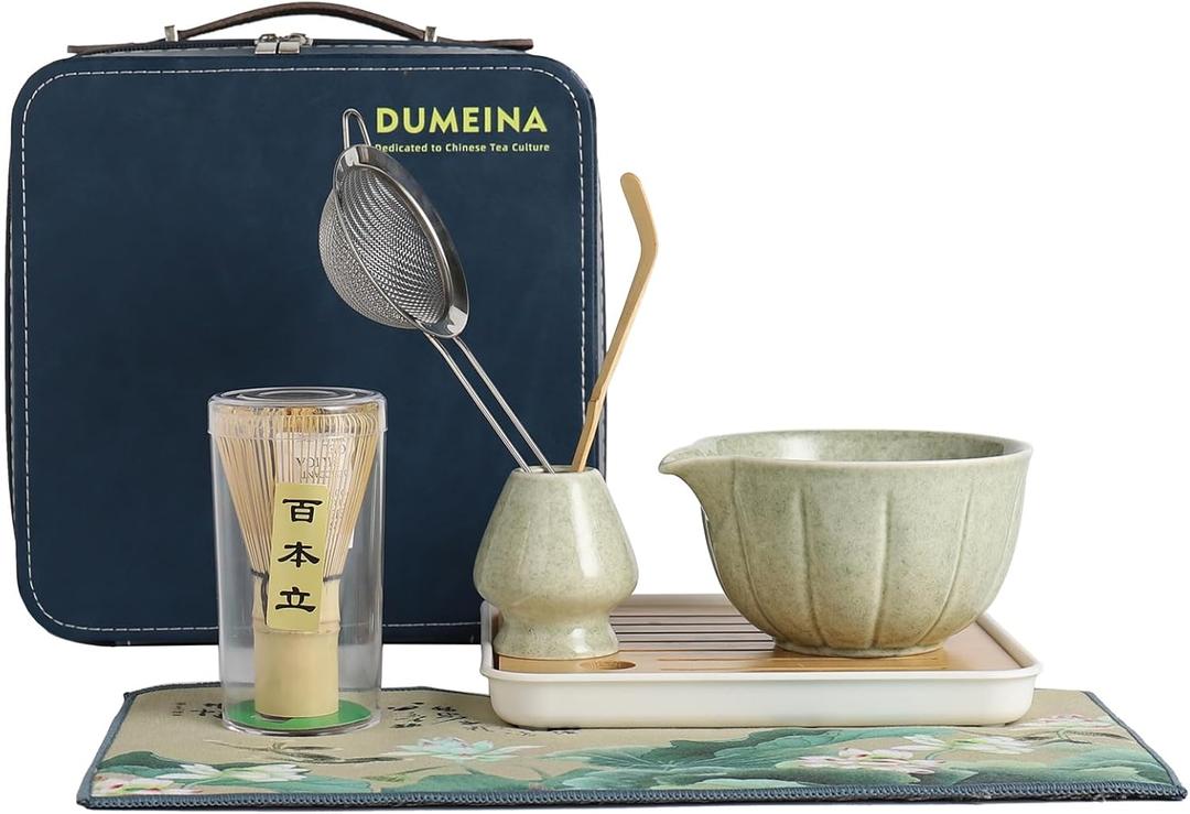 8 Pcs Matcha whisk Set,Matcha Kit for Ceremony,Matcha Bowl with Spout, Matcha whisk and Holder, Bamboo Scoop,Leather Storage Bag and Stainless Steel Sifter, Gift for Matcha Lovers(Green)