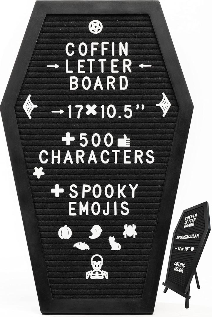 Coffin Letter Board Black +650 Characters Include Spooky & Seasonal Emojis, Wooden Stand - 17x10.5 Inches - Coffin Shaped Goth Decor Sign Witchy Halloween Decorations Gothic Decor Birthday Wedding Home Spooky Gifts