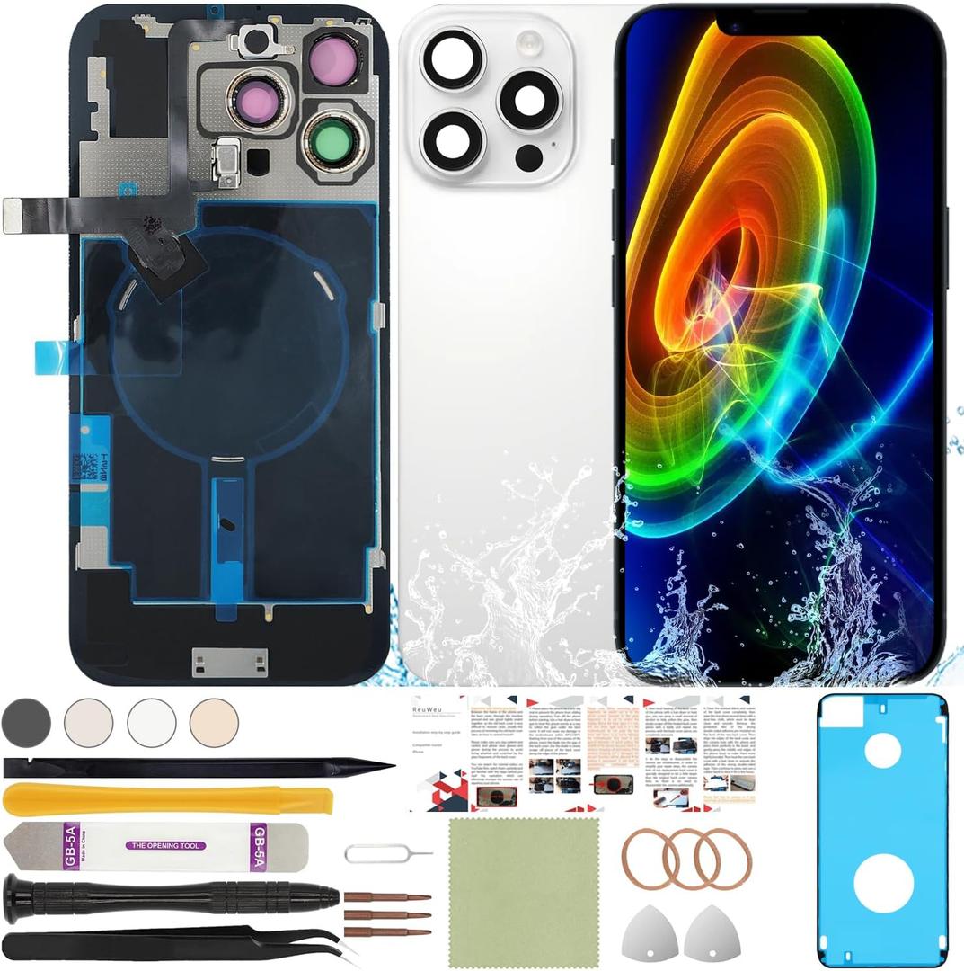 Rear Back Glass Replacement Compatible with iPhone 16 Pro Max All Carriers 6.9" + Pre-Installed Plate + Wireless Charging Coil Flex Cable + Microphone + Flashlight + Camera Frame (White)