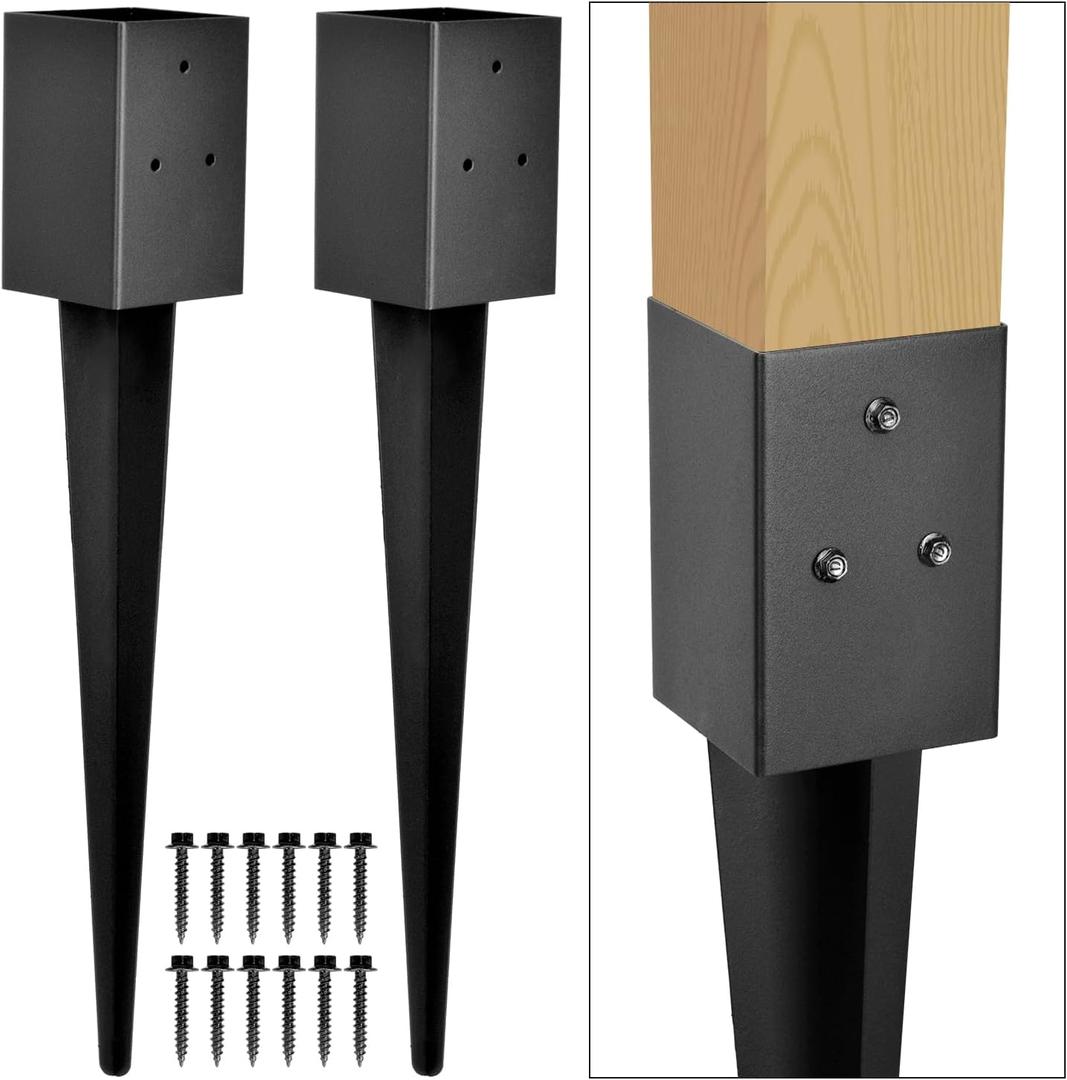 Fence Post Anchor 4''x4'', Heavy Duty Metal Fence Post Anchor Ground Spike 24''x4''x4'' for Fence, Mailbox, Bird feeder, Decking, Banner, ... with The Black Powder Coating Cover on The Surface (Set 2)