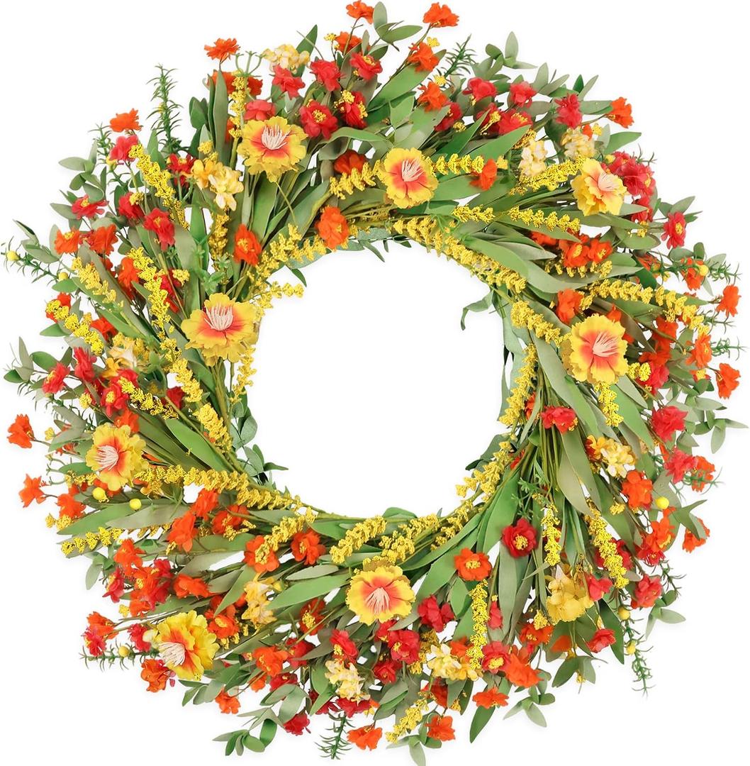 26" Floral Wreath, Artificial Spring Wreaths for Front Door, with Wildflower Portulaca Flowers, Indoor Outdoor Porch Window Wall Home Decor for Valentines Day Easter, Summer & Wedding Orange