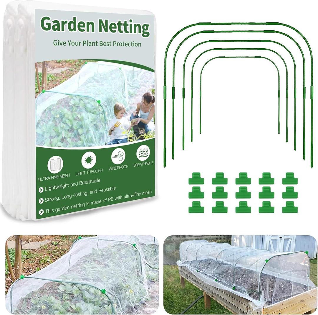 Garden Netting Kit for Raised Bed, 8X20FT Ultra Fine Mesh Netting with 5 Sets Garden Hoops & 15pcs Clips, Reusable Bird Netting for Garden Protection