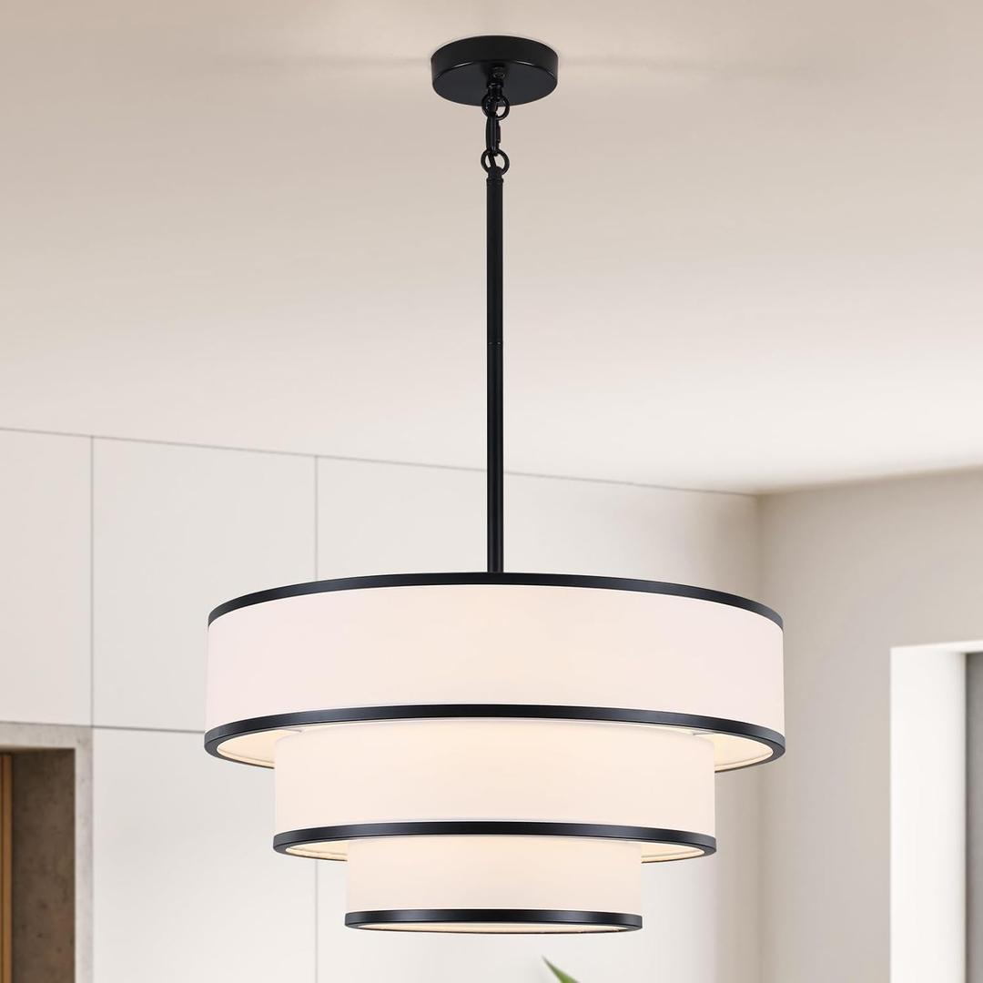 LWYTJO 19.8'' Drum Chandelier for Dining Room Light Fixtures 5-Light White Fabric Chandelier Modern 3-Tier Black Metal Pendant Light Fixture for Kitchen Island Living Room Bedroom Entryway Staircase