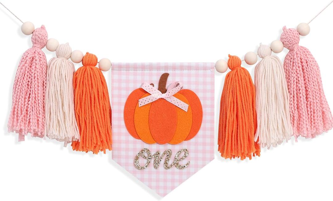Little Pumpkin 1st Birthday High Chair Banner  Fall First Birthday Party Decor for Baby Girls, Pink and Orange Yarn Tassel Highchair Banner, Our Little Pumpkin Is One Party Decor