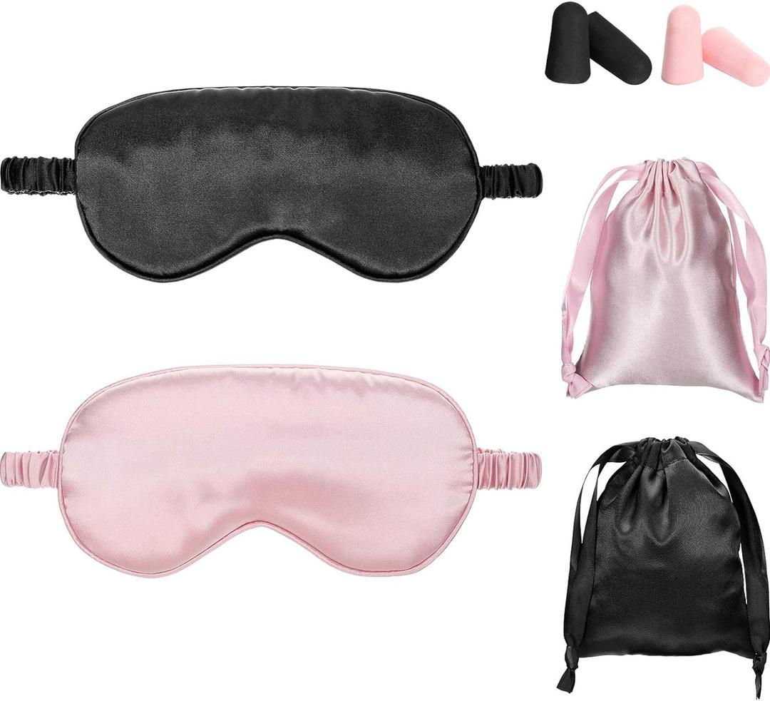 Silk Satin Sleeping Mask Eye Mask Set Include 2 Blindfold Eyeshade Elastic Strap Double Layer Silk Filling Eye Cover 2 Ear Plugs 2 Storage Bags for Women and Men Sleep Travel Nap (Black, Pink) (Black, Taro Purple)