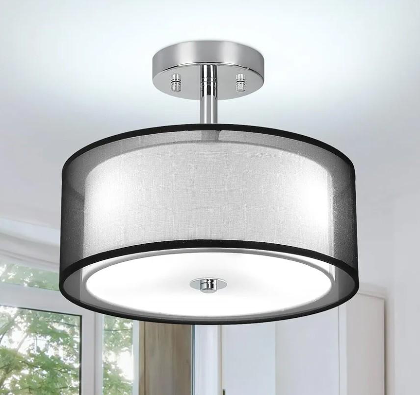 DLLT 3 Lights Semi Flush Mount Ceiling Light Fixture, Modern Black Ceiling Lamp with Double Fabric Shade, Close to Ceiling Lamps for Kitchen, Bedroom, Hallway, Dining Room