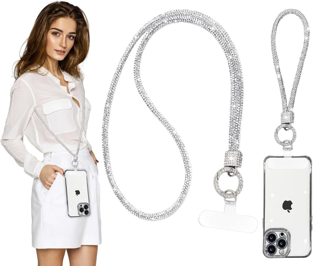 2Pcs Phone Crossbody Lanyard and Wrist Strap, Crystal Cellphone Lanyard with Full Rhinestone Bling Glitter, Bling Phone Strap with Tether Patch for Most Phone Handbag WalletWhite