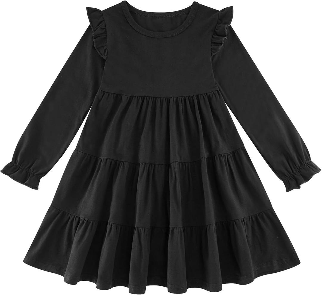 Vieille Toddler Girls Cotton Dress Long Sleeve Ruffle Dress Kids Solid Casual Clothes for 2-8 Years (5-6 Years, Black)
