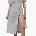 MSBESYOR Women Button Front Pleated Shirt Maxi Dress Summer Striped Prints Short Sleeve Collar Casual Long Dresses Size M