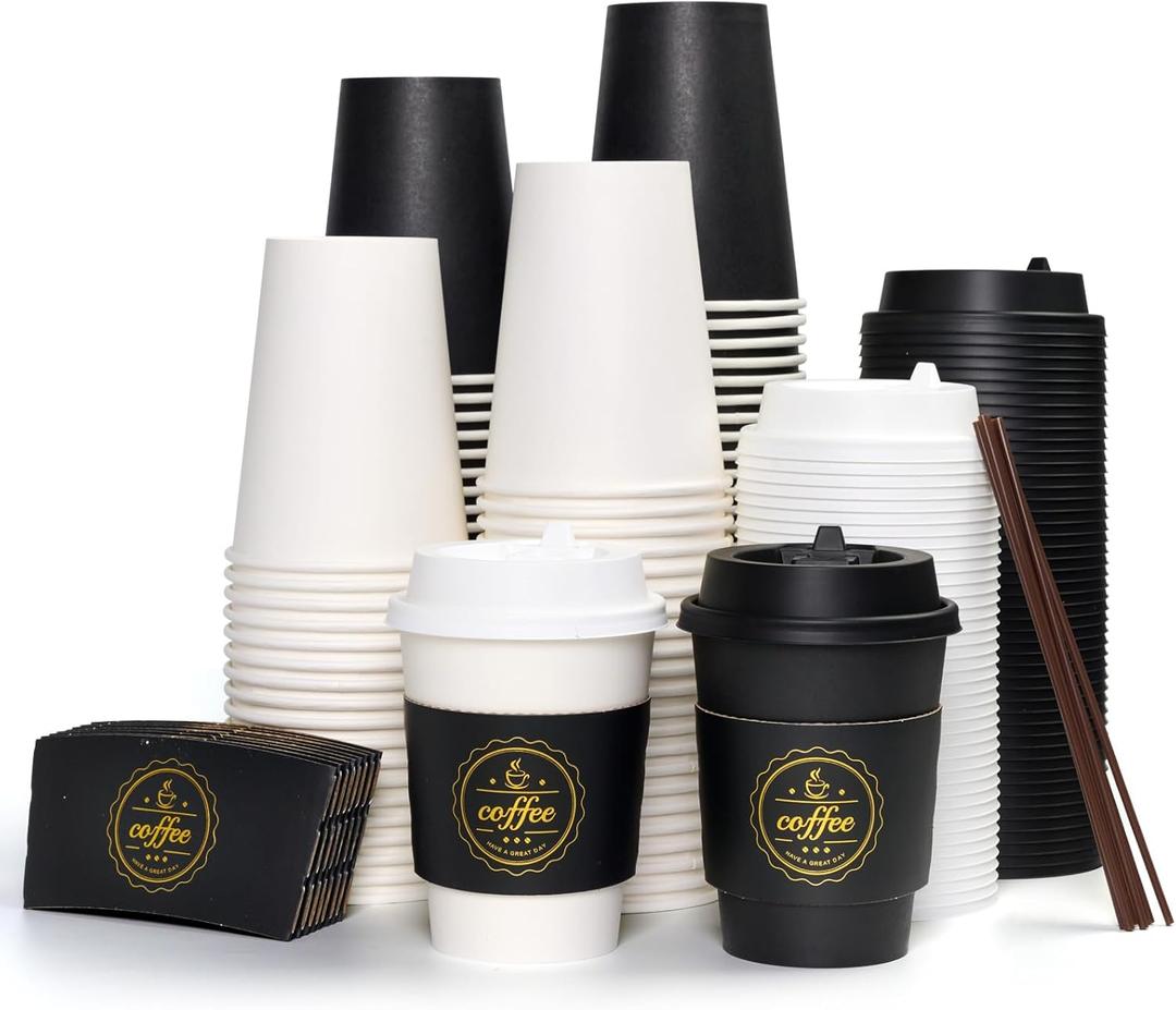 JOLLY CHEF 100 Pack 12 oz Disposable Coffee Cups Hot Beverage Paper Coffee Cups with Lids, Sleeves and Stirrers (Black and White)