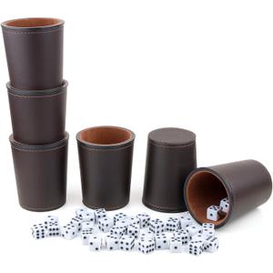 Felt-Lined PU Leather Dice Cup Set, 6 Quiet Dice Shaker Cups with 36 Dices for Bar Party Yahtzee Farkle Dice Games, Coffee