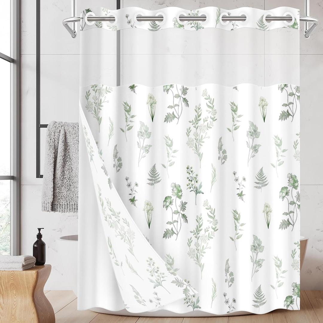 No Hook Watercolor Flowers Sage Green Shower Curtain with Snap in Fabric Liner Set, Floral Plant Double Layers Waterproof Fabric with See Through Top Window Bath Curtain 71x74 Inch