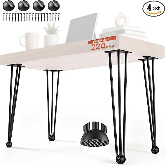 VEVOR Hairpin Table Legs 28" Black Set of 4 Desk Legs 880lbs Load Capacity (Each 220lbs) Hairpin Desk Legs 3 Rods for Bench Desk Dining End Table Chairs Carbon Steel DIY Heavy Duty Furniture Legs