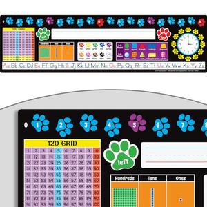 Really Good Stuff 24PK Paw Prints Self-Adhesive Vinyl Desktop Reference Nameplate with Numbers, Grid, Colors, Shapes-Traditional Manuscript Name Tags