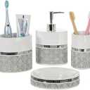 Creative Scents Mirror Damask Bathroom Accessory Set Complete  Decorative 4 Piece White and Gray Bathroom Set Includes: Soap Dispenser, Soap Dish, Toothbrush Holder and Tumbler