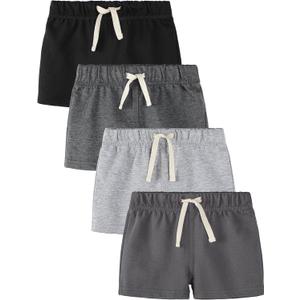Feyoyi 4 Pack Baby Boy Shorts Cotton Pull On Baby Shorts Infant Boy Clothes Summer Casual Elastic Waist with Drawstring Black, Dark Gray, Ash Gray, Charcoal Gray Set A 3-6M