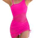 BMJL Women One Piece Swim Dress Tummy Control Swimsuits Sexy One Shoulder Bathing Suit 2025 Mesh Sheer Sarong Wraps, Size Small