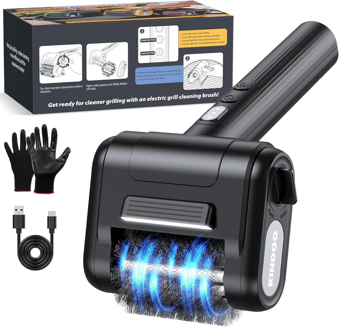 Electric Rechargeable Grill Brush,Grill Cleaner for Outdoor Grill with 800 RPM Motor - Bristle Stainless Steel Grill Cleaner with LED Light for BBQ, Heavy Duty Grill Cleaning ToolBlack