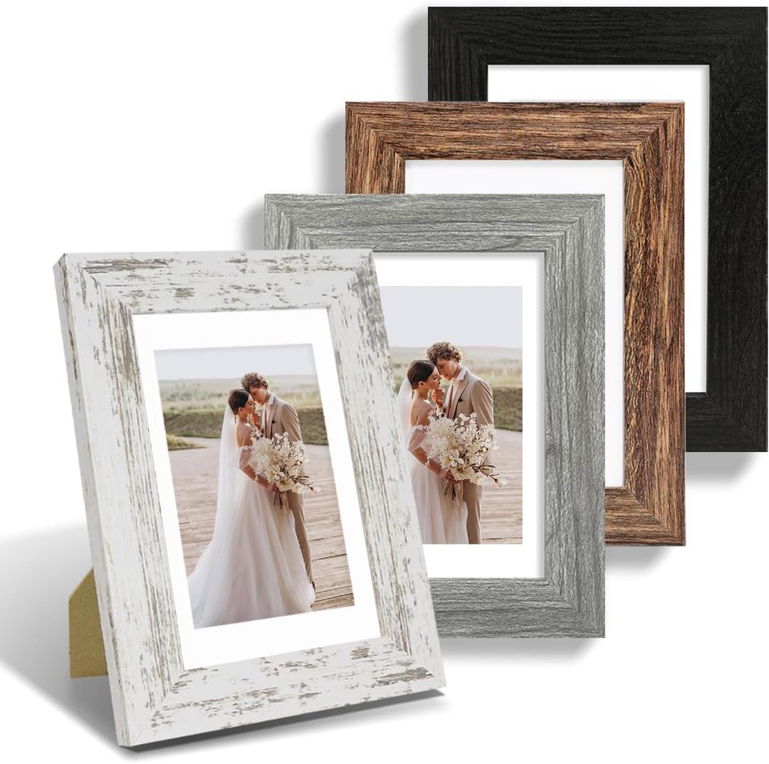 5x7 Picture Frame Set of 4, Made of Real Glass and Multicolour Wooden Frame, 5 by 7 Photo for Wall or Tabletop - Display Picture 4x6 with Mat or 5x7 Without Mat
