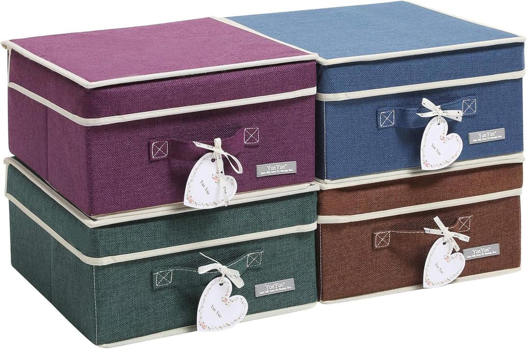 YueYue Foldable Fabric Closet Organizer Bins Box Storage - 4 Pack 12.4 X 12 X 6.7 Inch Storage Bins With Lids 4 Dark Color Boxes - Bins Storage Box Cloth Basket Pack Lid (Dark Purple/Dark Green/Dark Brown/Navy Blue)