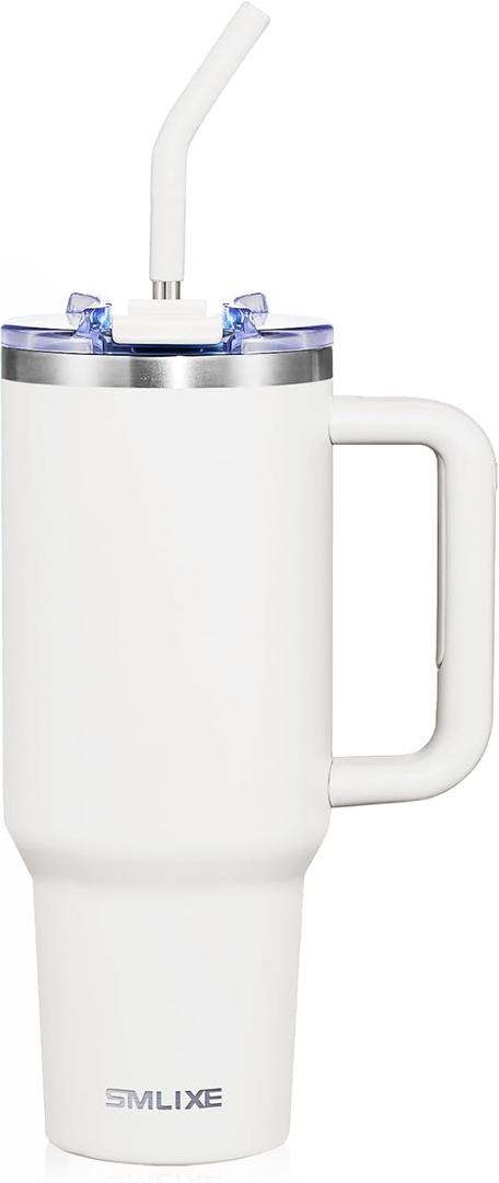 40 oz Tumbler with Handle and Straw Lid,Insulated Reusable Stainless Steel Water Bottle Travel Mug，Cupholder Friendly Double Wall Vacuum Sealed Cup (Snow)