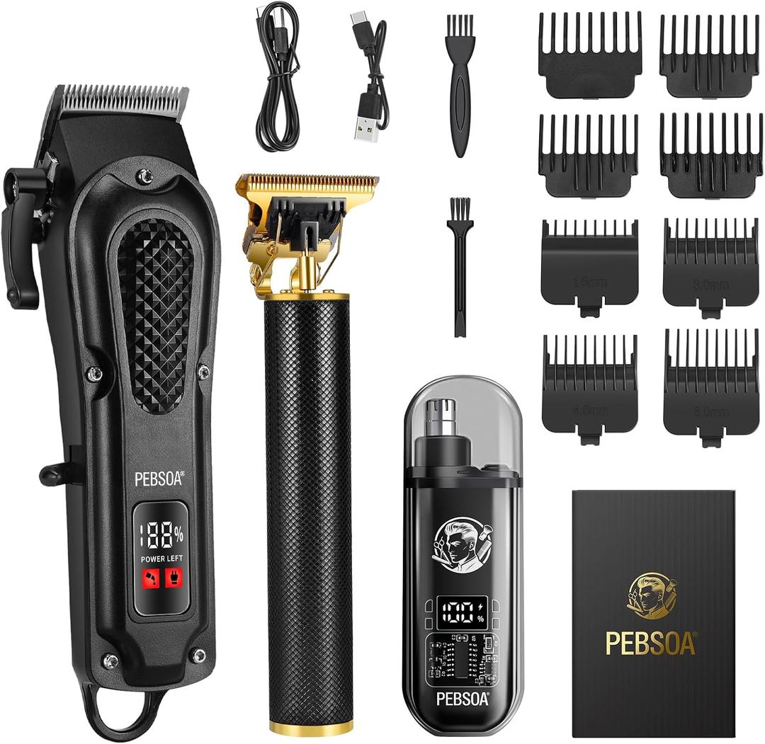 pebsoa Professional Men's Hair Trimmer Set, Cordless Hair Clippers for Men, Includes a T-Shaped Trimmer and a Nose Hair Trimmer,LCD Battery Level DisplayBlack