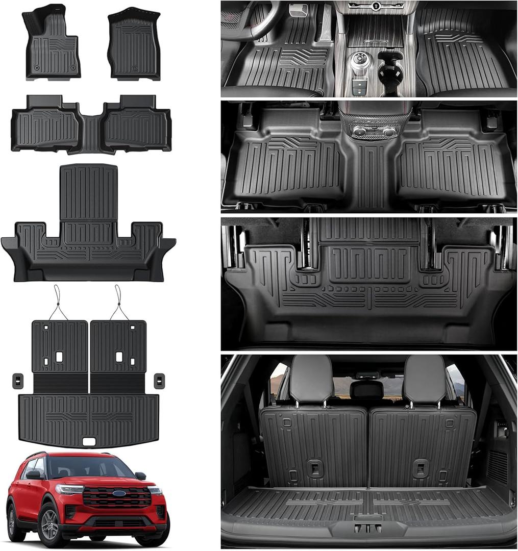 Floor Mats for 2020-2025 2026 Ford Explorer Accessories, Cargo Mat with Backrest Mat All Weather TPE Waterproof for Ford Explorer 6 Passenger Captain Seat ST Accessories 2025 2024 2023