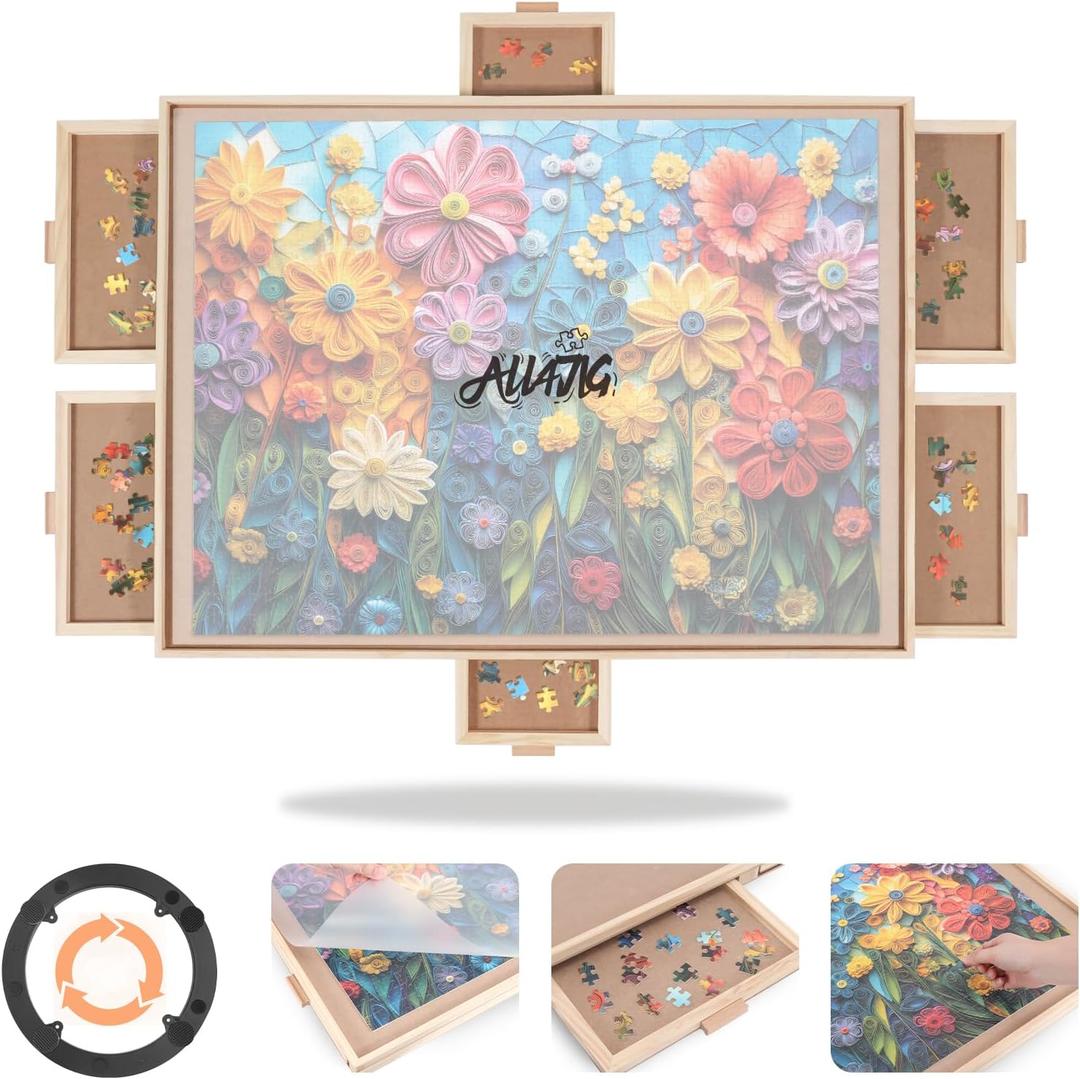 ALL4JIG 1500 Pieces Rotating Puzzle Board with 6 Drawers & Cover,24.92"x33.58"Portable Wooden Jigsaw Puzzle Table for Adults,Lazy Susan Spinning Puzzle Boards Gift for mom,Surface for Bricks Building
