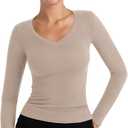 PINKMSTYLE Women's V Neck Long Sleeve Thermal Shirts Fall Winter Lightweight Base Layer Undershirts Basic Tops (Beige, XS)