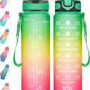 Enerbone 32 oz Drinking Water Bottle with Times to Drink and Straw, Motivational with Carrying Strap, Leakproof BPA & Toxic Free, Ensure You Drink Enough Water for Fitness Gym Outdoor (Green Red)