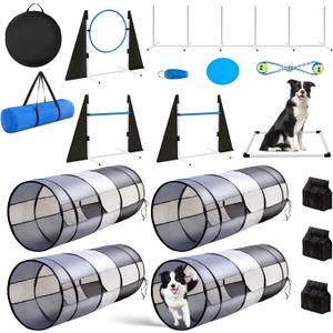 Dog Agility Training Equipment, Course Backyard Set Training Equipment for Dogs Pet Outdoor Game with Grey and Black Tunnel, Agility Hurdle, Poles, Jump Ring, Pause Box, Toy Balls and Storage Bag