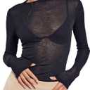SHENHE Women's Sheer Tops Mesh Long Sleeve See Through Boat Neck Going Out Tops Concert Party Sexy Shirts, Small