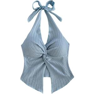 QJQ Women's Halter Tops Twist Front Slit Backless Cute Summer V Neck Tank Top Vacation Outfits (Blue, M)