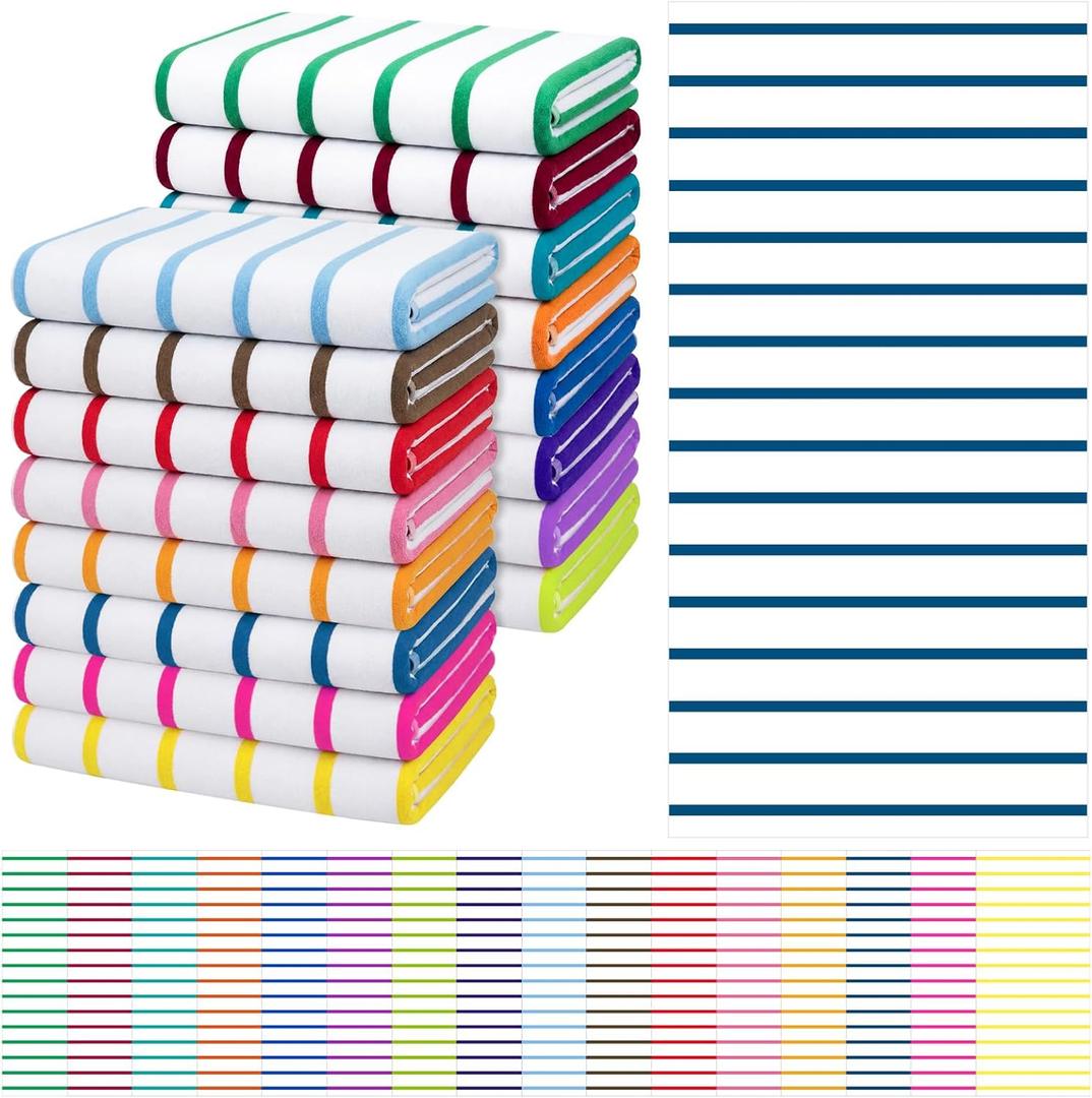 Redbaker 16 Packs 28 x 59 Inches Oversized Stripes Beach Towel Bulk Extra Large Pool Towels Set Microfiber Quick Dry Swim Towel Blanket for Women Men Adult Bath Travel(Classic Color)