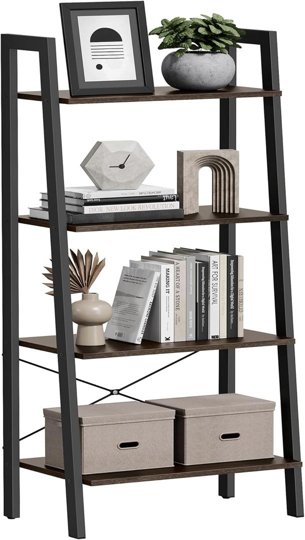 VASAGLE BARNET Collection - Ladder Shelf, Bookshelf, Storage Rack, Modern Bookcase for Living Room Home Office Kitchen, Steel Frame, 4-Tier, 22-Inch Wide, Hickory Brown and Ink Black ULLS44BF