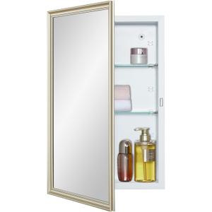 White Medicine Cabinet with 15x24 Inch Gold Frame Mirrored Door, Wall Mounted Storage, Recessed or Surface Mount, 2 Adjustable Glass Shelves, Vanity Organizer for Bathroom, Bedroom, Hallway